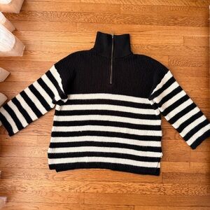 Sage Black and White Striped Half-Zip Turtleneck Sweater